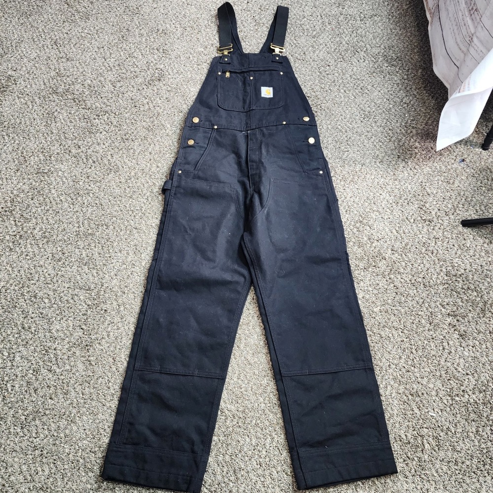 Carhartt 102776 R01-M Double Knee Duck Bib Overalls Men's 30x30 Black - Picture 2 of 9